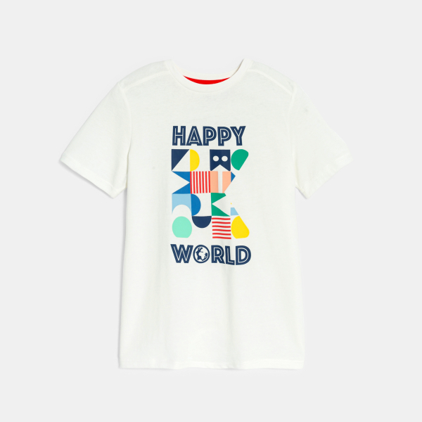 تيشيرت مزين برسالة بأكمام قصيرة، باللون الأبيض للفتيات